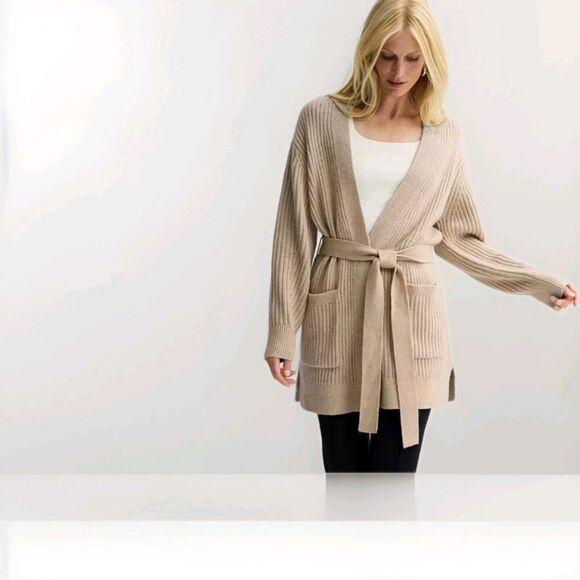 Nine West Women's Ribbed Belted Cozy Cardigan Sweater Cream Size S - Picture 1 of 8